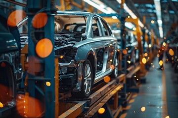 An assembly line filled with partially constructed vehicles is seen, showcasing the intricate automotive manufacturing process inside a bustling factory environment
