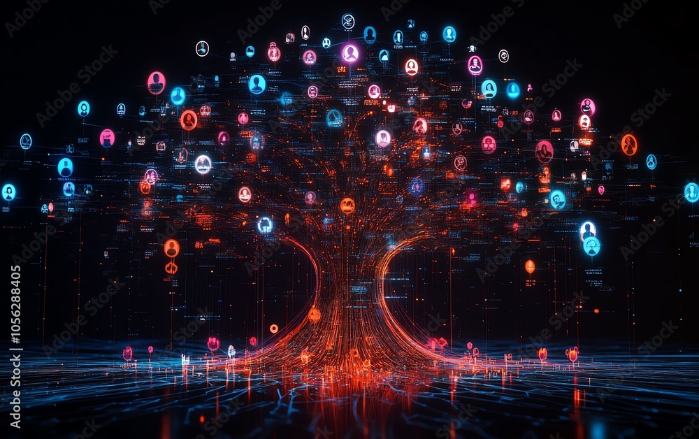 Poster eyecatching 3d visualization of a digital lineage tree showcasing user icons and speech bubbles, rep