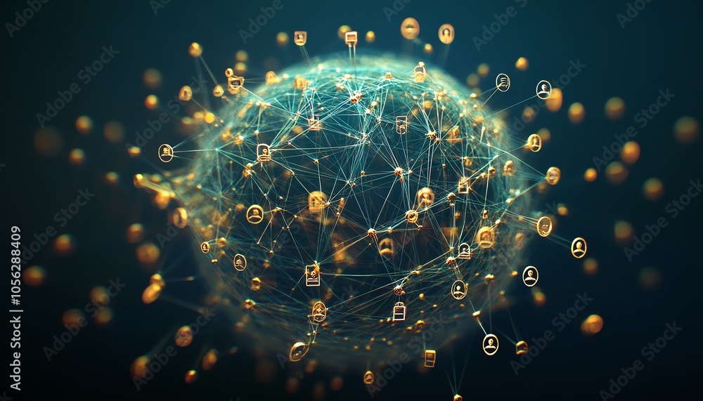 Poster eyecatching 3d visualization of a globe with digital user icons connected by lines, highlighting glo