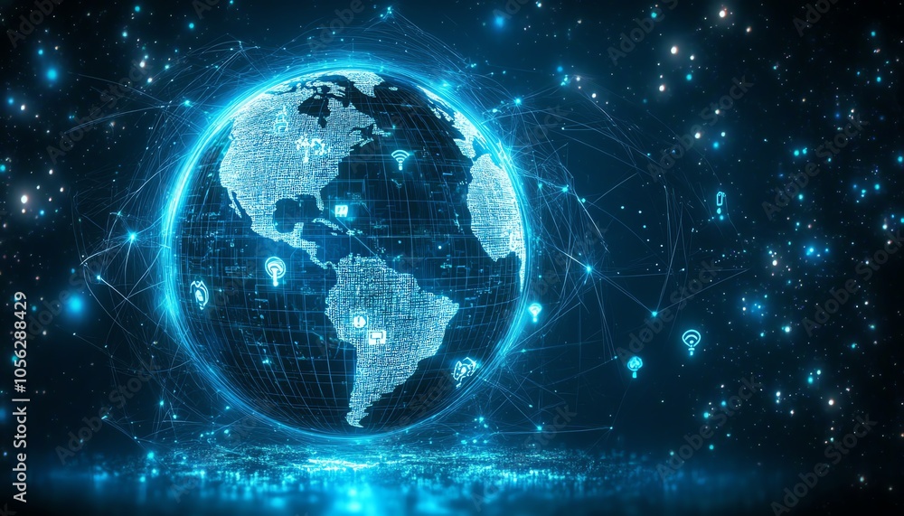 Poster eyecatching 3d visualization of a globe with digital user icons connected by lines, highlighting glo