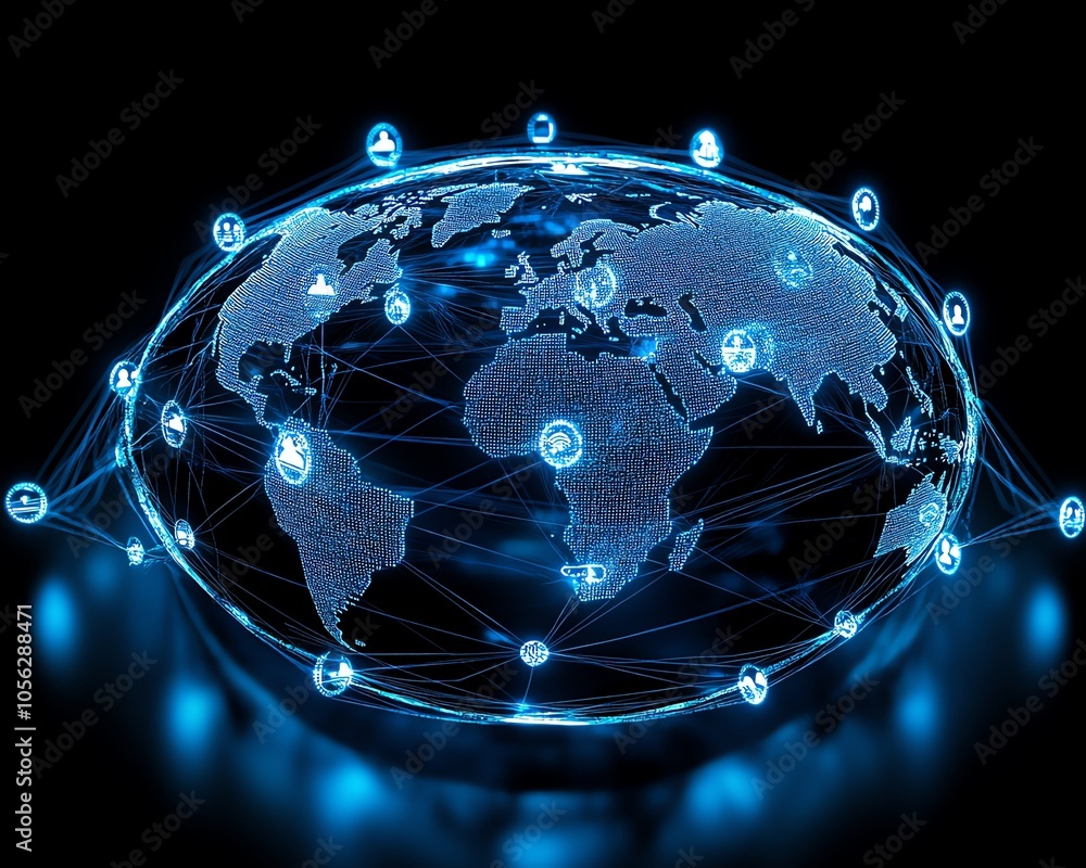 Poster innovative 3d visualization of a world map globe showcasing digital user icons connected by lines