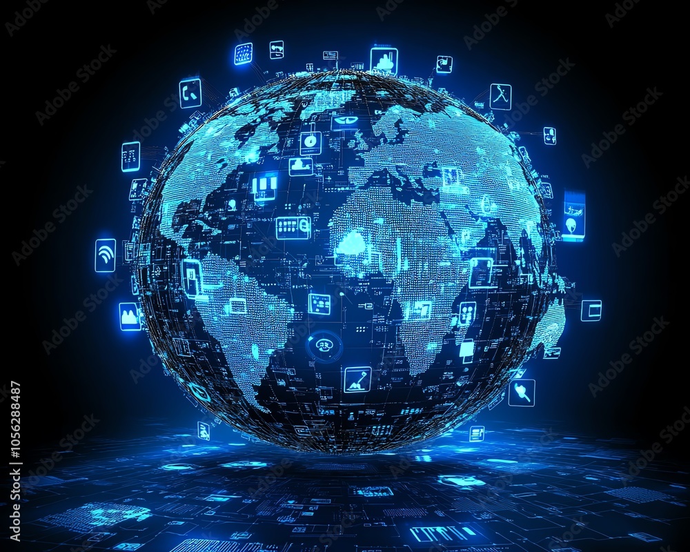 Poster innovative 3d visualization of a world map globe showcasing digital user icons connected by lines