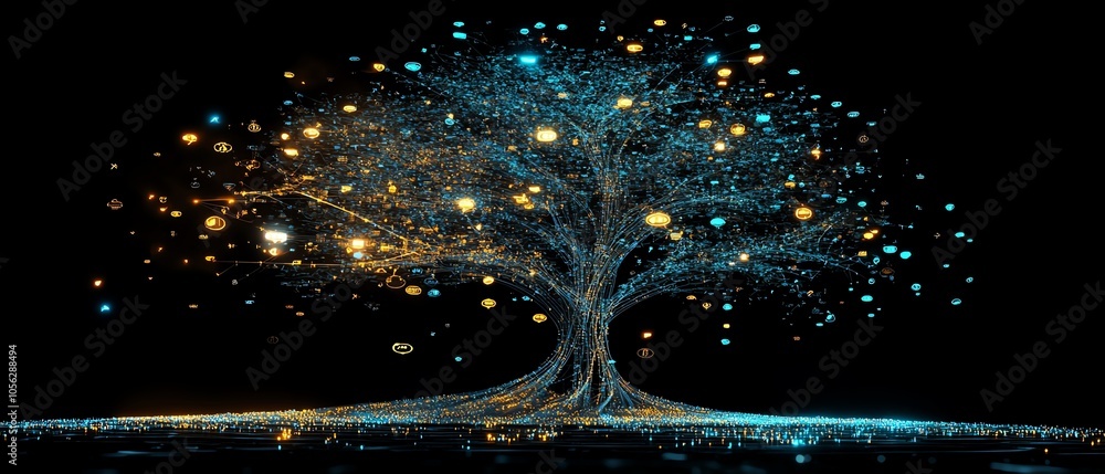Poster innovative 3d visualization of a lineage tree with digital graphic user icons and speech bubbles