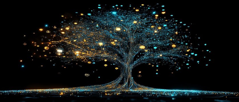 Innovative 3D visualization of a lineage tree with digital graphic user icons and speech bubbles