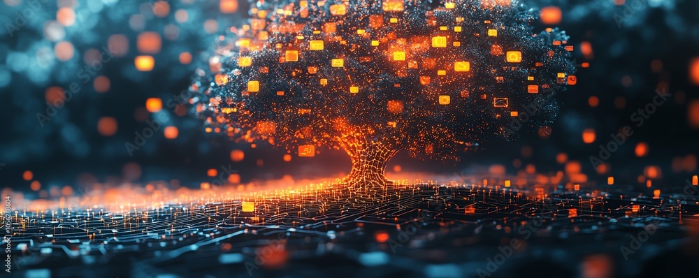 Poster professional 3d rendering of a digital graphic tree showcasing user symbols and speech bubbles