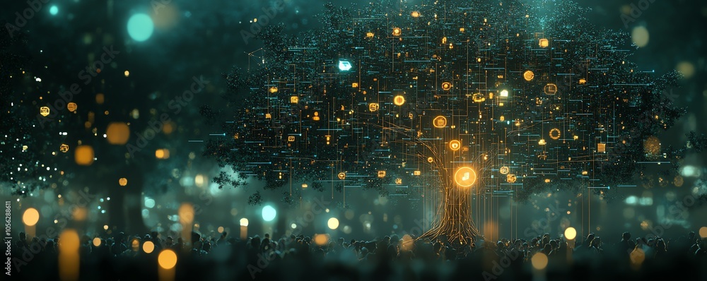 Poster professional 3d rendering of a digital graphic tree showcasing user symbols and speech bubbles