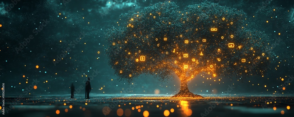 Poster professional 3d rendering of a digital graphic tree showcasing user symbols and speech bubbles