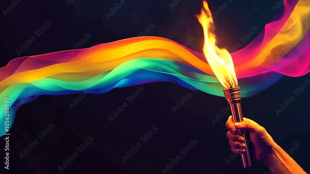 Poster a hand holds a flaming torch against a dark background with a vibrant rainbow wave behind it