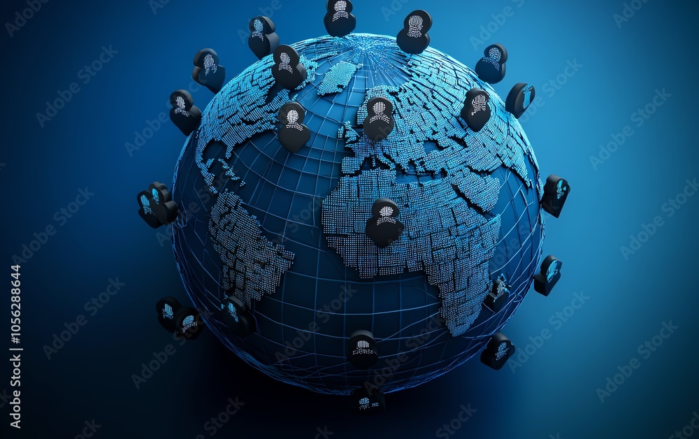 Poster professional 3d rendering of a globe with digital user icons linked by lines