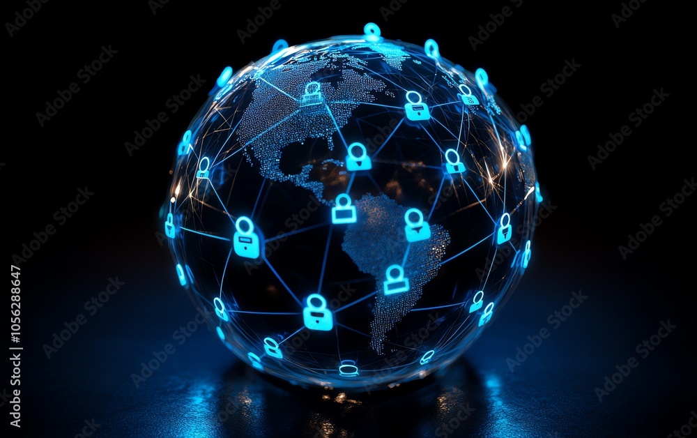 Poster professional 3d rendering of a globe with digital user icons linked by lines