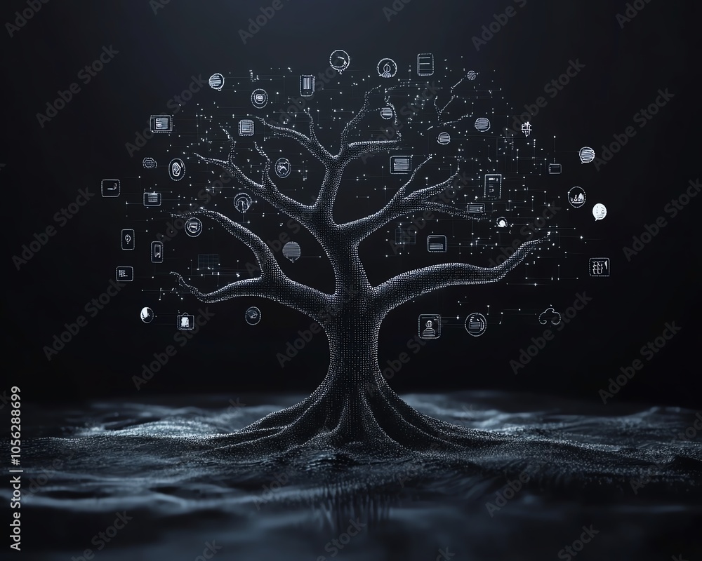 Poster stunning 3d rendering of a digital graphic lineage tree showcasing user and speech bubble symbols
