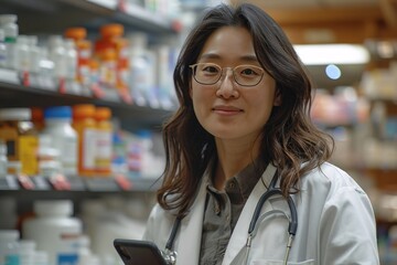 A health professional is smiling while holding a phone in a pharmacy filled with various medications and health supplies. The bright lighting highlights the neatly organized shelves