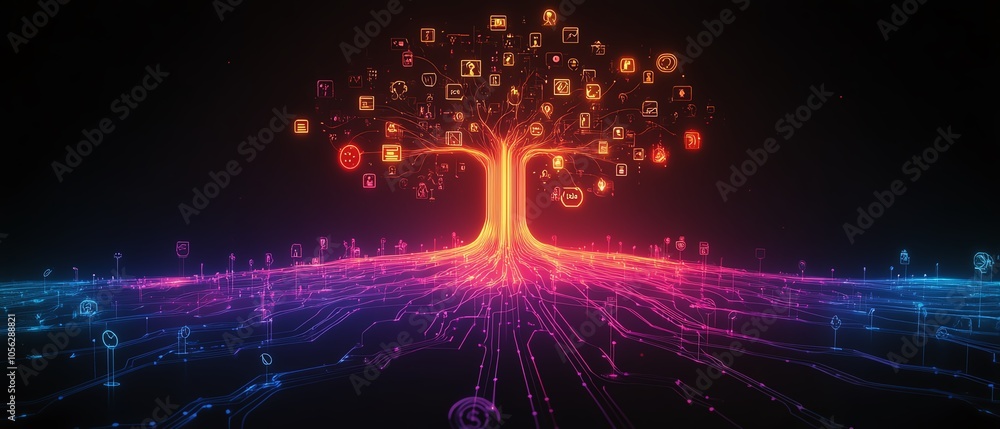Poster vivid 3d image of a lineage tree with user symbols and speech bubbles, illustrating the concept of p