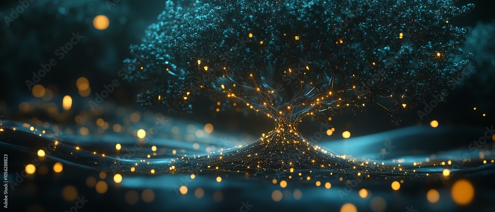 Poster vivid 3d image of a lineage tree with user symbols and speech bubbles, illustrating the concept of p