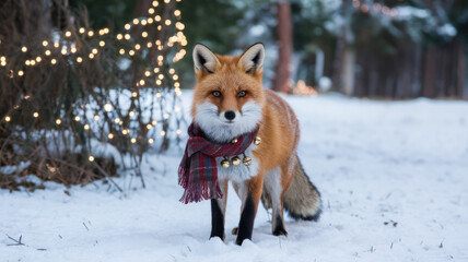 Obraz premium A charming red fox stands in a snowy forest, adorned with a festive scarf featuring bells, surrounded by sparkling holiday lights, creating a magical winter scene.
