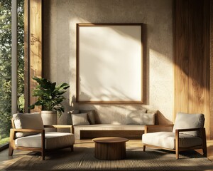 Photo frame mockup in a living room illuminated by window light, showcasing wooden furniture and wall poster mockup