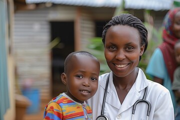 A nurse, wearing a white coat and stethoscope, joyfully holds a young boy in colorful clothing. The setting shows a vibrant community health clinic with homes in the background
