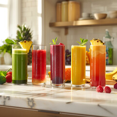 Five glasses of brightly colored smoothies sit on a white countertop in a kitchen. The smoothies include green, red, purple, yellow, and orange