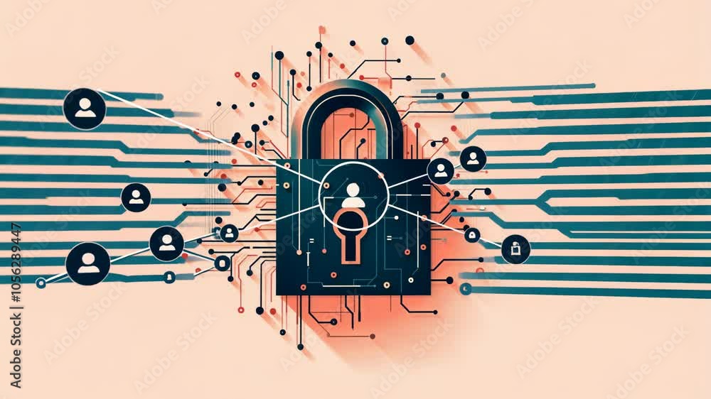Poster a stylized padlock secures digital connections between user profiles and a network