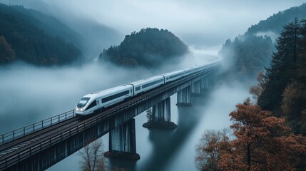 Obraz premium A white train traveling through a misty forest on a bridge over water.