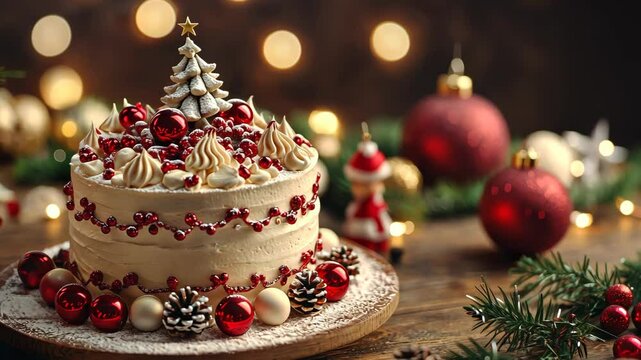 Decorating a Christmas cake with marzipan, fondant, and holiday-themed decorations, on a festive holiday table. . Video