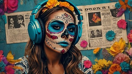 colorful sugar skull girl listens to music,generative ai,generative,ai