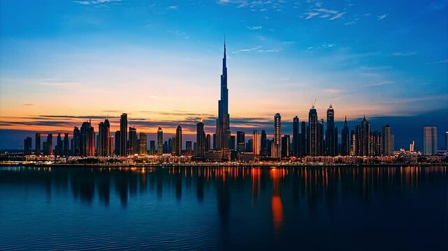 Timelapse Aerial Drone Day-to-Night shot pushing towards generic middle eastern city resembling Dubai, UAE.
