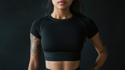 Athletic woman wearing black sportswear in fitness studio mockup