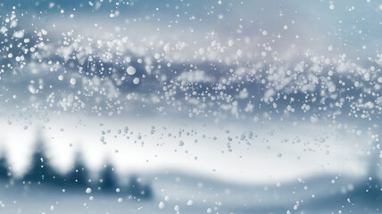 Obraz premium A serene winter landscape featuring gently falling snowflakes against a blurred backdrop of distant trees and mountains, creating a peaceful, wintry mood.