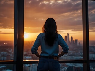 Stunning Sunset View from High-Rise Building with Woman Admiring City Skyline