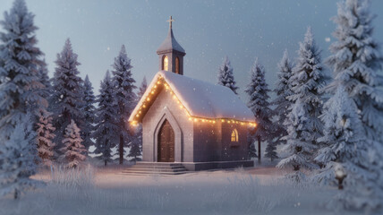 A charming stone church nestled in a snow-covered forest, adorned with warm, glowing lights, creating a serene winter wonderland atmosphere.