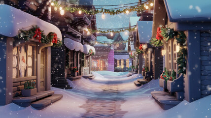 A cozy winter village scene, illuminated by festive lights and decorated with wreaths, showcasing charming rooftops blanketed in snow.