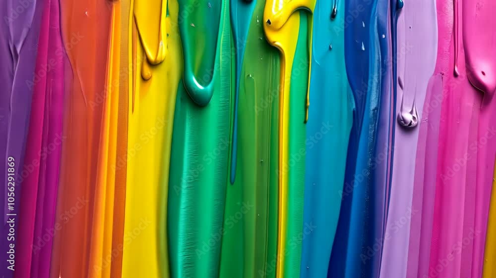 Poster a close-up of colorful paint drips in a rainbow pattern, creating a vibrant and abstract background