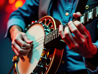 Obraz premium A focused shot of a musician strumming a banjo during a captivating live performance. The stage lights add vibrant colors to the atmosphere, highlighting the passion of live music.