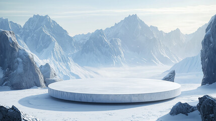 Circular platform in a serene snow-covered mountain valley with a cloudy sky and sharp peaks