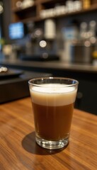Macchiato in a clear espresso glass, shot of espresso with a small amount of foamed milk on top.