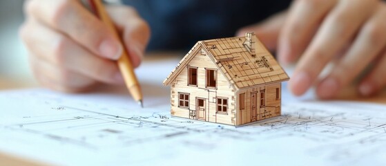Architectural planning, miniature house model, hand drawing blueprints, design process, creativity and construction concepts