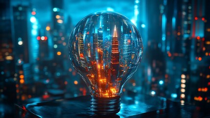A glowing light bulb with a cityscape inside, symbolizing innovation and progress.