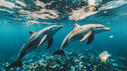 Fototapeta premium Two Dolphins Swimming Through Plastic Waste in the Ocean