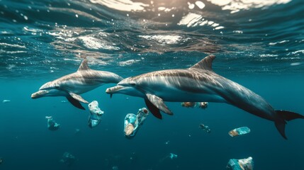 Naklejka premium Two Dolphins Swimming in the Ocean with Plastic Pollution