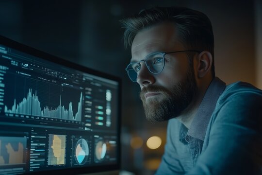 A man is staring at a computer monitor with a frown on his face. The monitor displays a series of graphs and numbers.