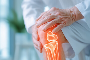 An old man holding knee as hurting with knee condition 3d bone image