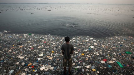 A Man Stands on a Shore Covered in Plastic Waste