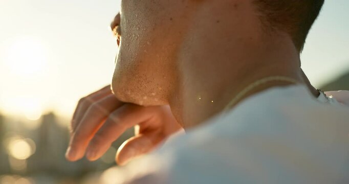 Closeup, man and tired with sweat for workout, fitness and exercise for marathon challenge outdoor. Male person, athlete or wipe face on zoom with breathing, running activity or training for wellness