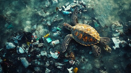 Obraz premium Sea Turtle Surrounded by Plastic Pollution in the Ocean
