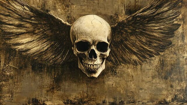 A skull with feathered wings is depicted in this painting