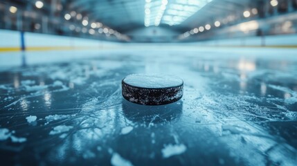 Hockey puck on ice rink, close-up shot, sports arena lighting, winter sport equipment, professional hockey game, frozen ice surface, game focus, competitive atmosphere
