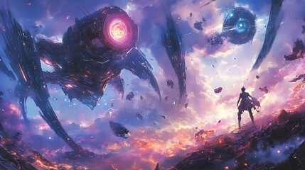 A cosmic battle scene featuring massive machines and a lone figure against a vibrant starry backdrop.