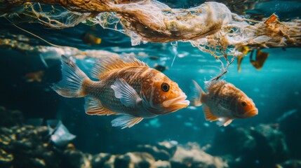 Fototapeta premium Orange Fish Swimming Through Plastic Waste in Ocean