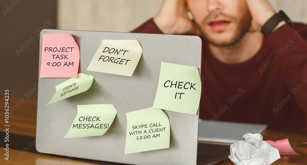 Poster Multitasking Concept. Overworked Man Sitting At Laptop With Sticky Notes With Tasks In Office. Cropped, Shallow Depth